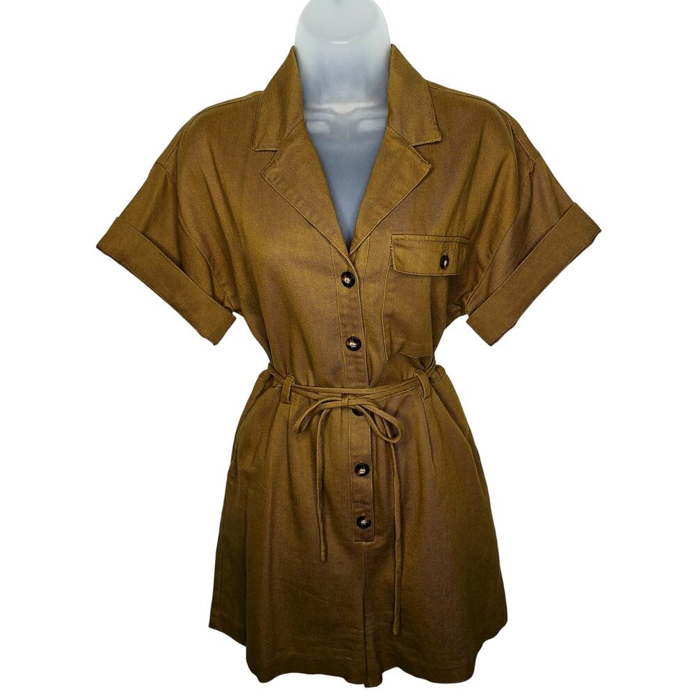 Madewell Belted Safari Romper XS Mustard Puce Pleated Utility Fall Boiler Suit